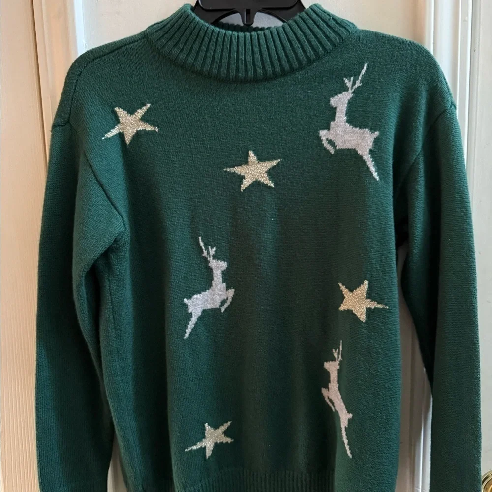 Talbots Petite Reindeer & Stars Mock Turtleneck Sweater